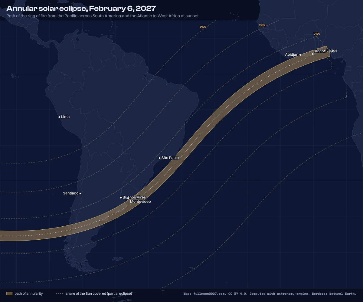 Map: annular solar eclipse, February 6, 2027