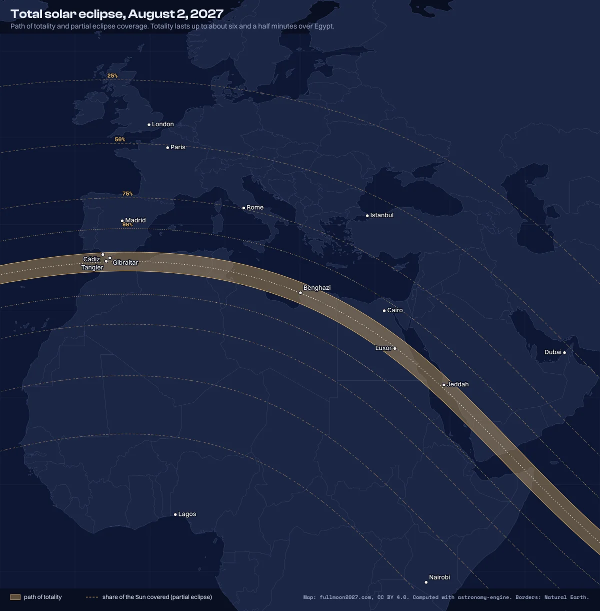 Map: total solar eclipse, August 2, 2027