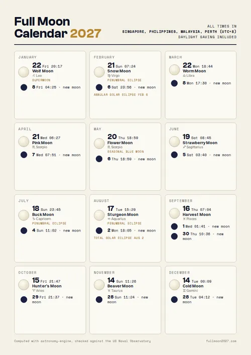 Printable full moon calendar 2027 in Singapore, Philippines, Malaysia, Perth (UTC+8)