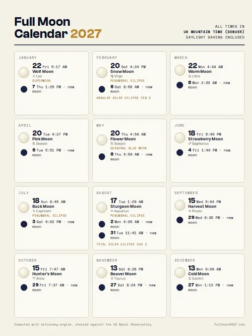Printable full moon calendar 2027 in US Mountain Time (Denver)